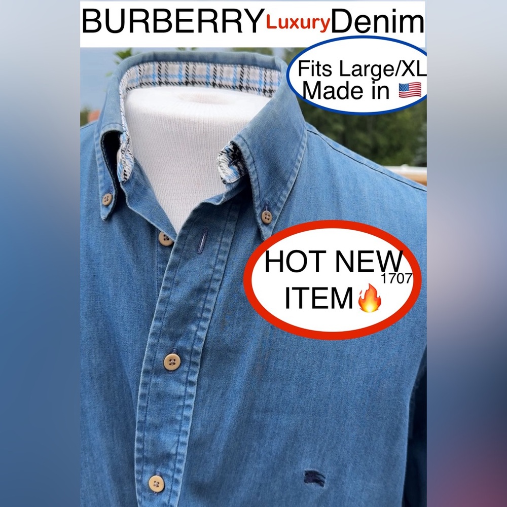 BURBERRY Upscale BLUE Check Denim ButtonDown🔥EUC🔥Made in 🇺🇸/oversized,= L/XL